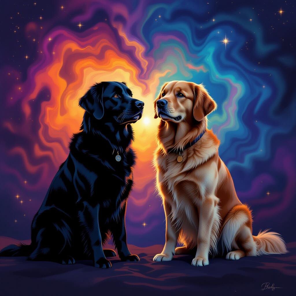Labrador Retrievers Silhouetted Against Cosmic Nebula