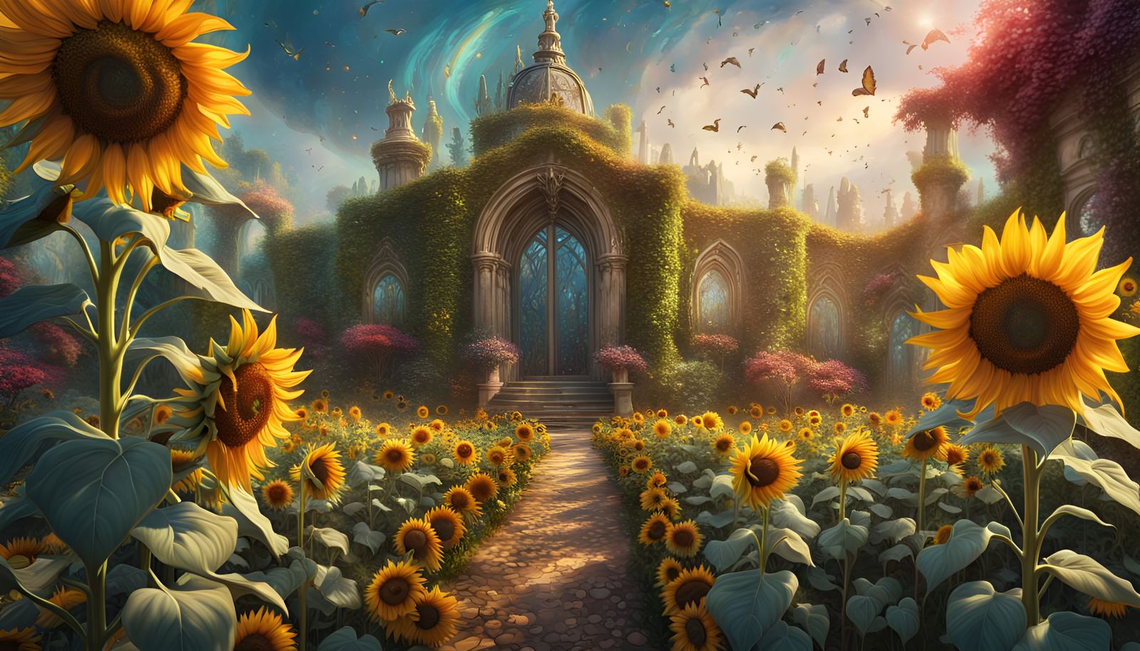 Magical Sunflower Garden in Gouache Style