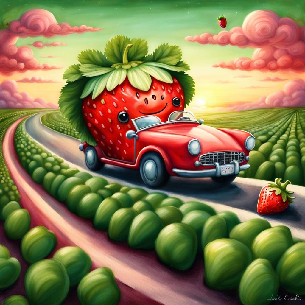 Strawberry Person's Vegetable Road Trip at Sunset