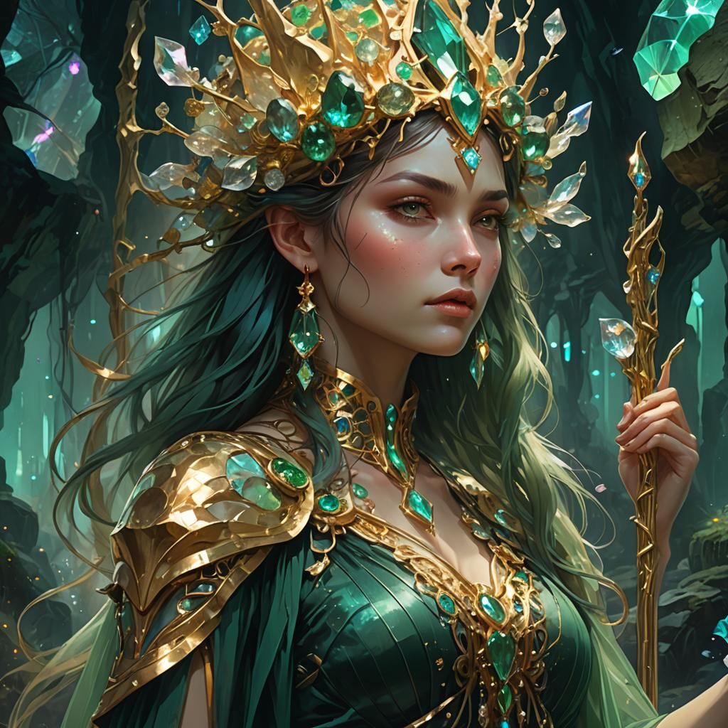 Iridescent Goddess in Crystal Cavern: Hyperdetailed Portrait