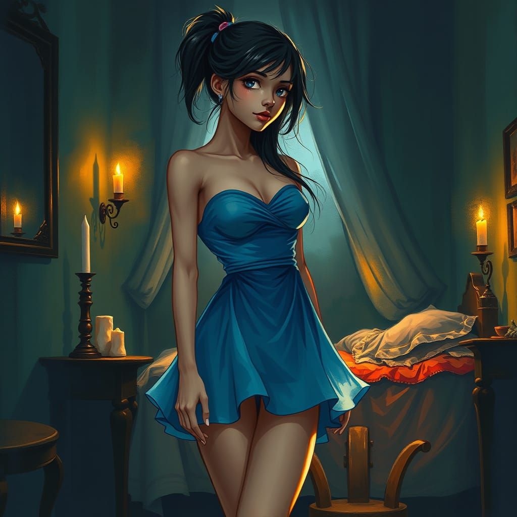Anime Woman in Elegant Blue Dress, Haunting Bedroom Scene