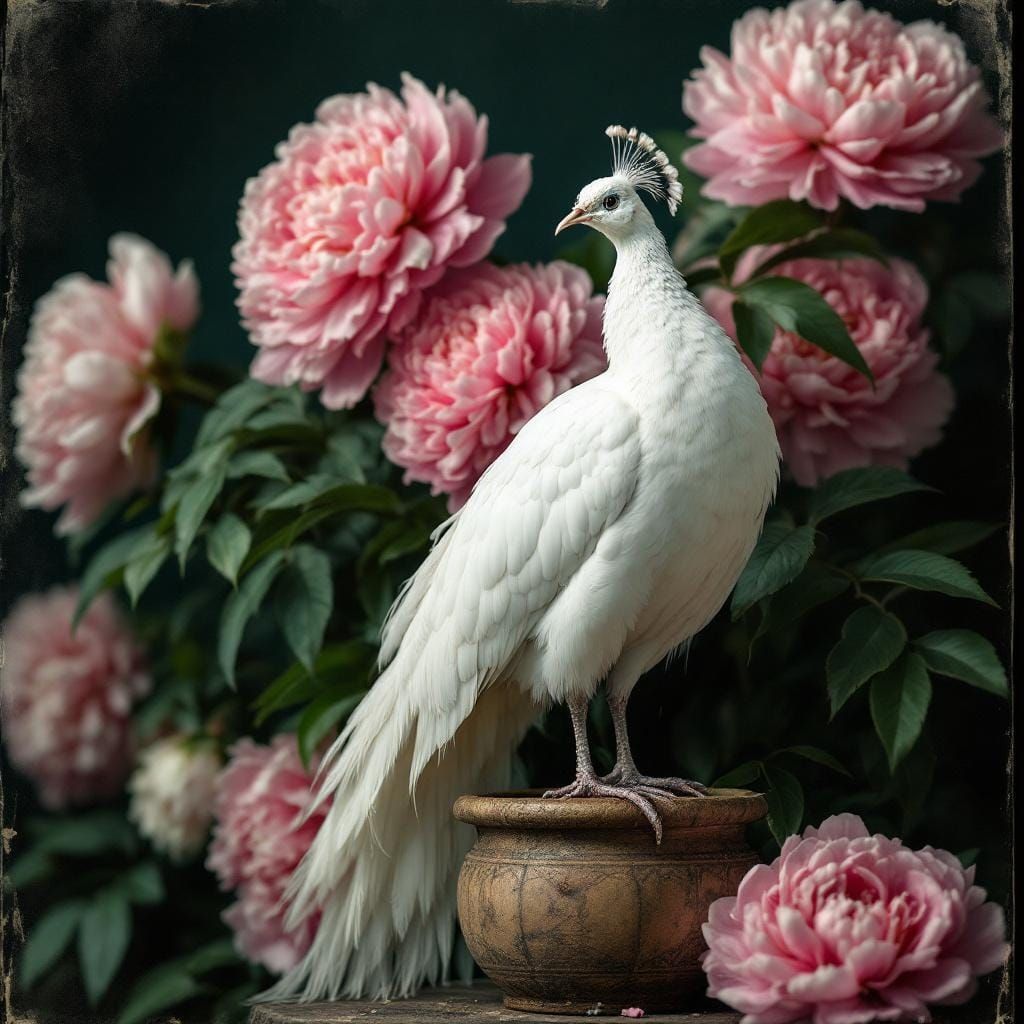In a botanical sculpture garden a white peacock standing on the edge of a pot, in a background of exuberantly blooming p...