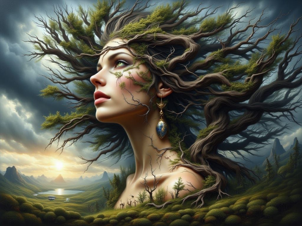 Ethereal Woman in Windswept Arcadia, Gazing in Oil Painted S...