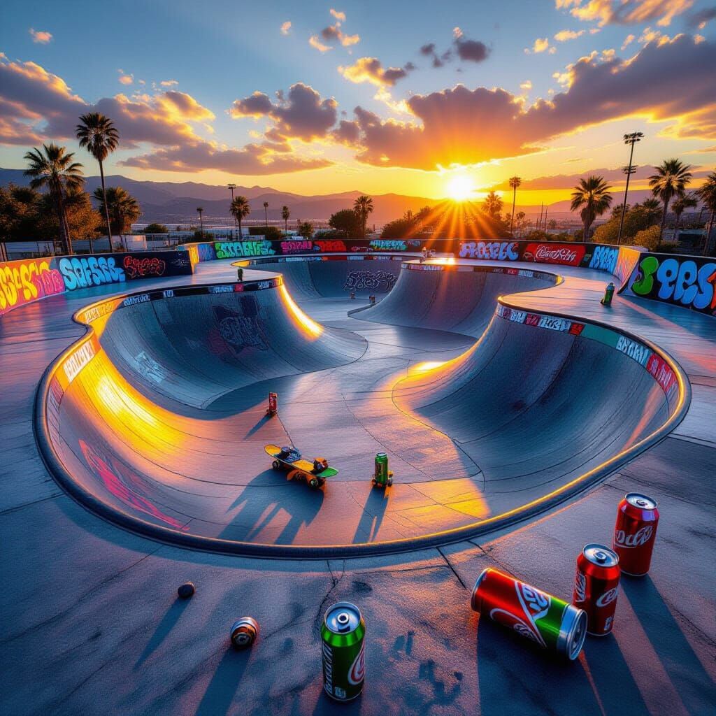 Skate Park Cans in Motion with Sunset Light