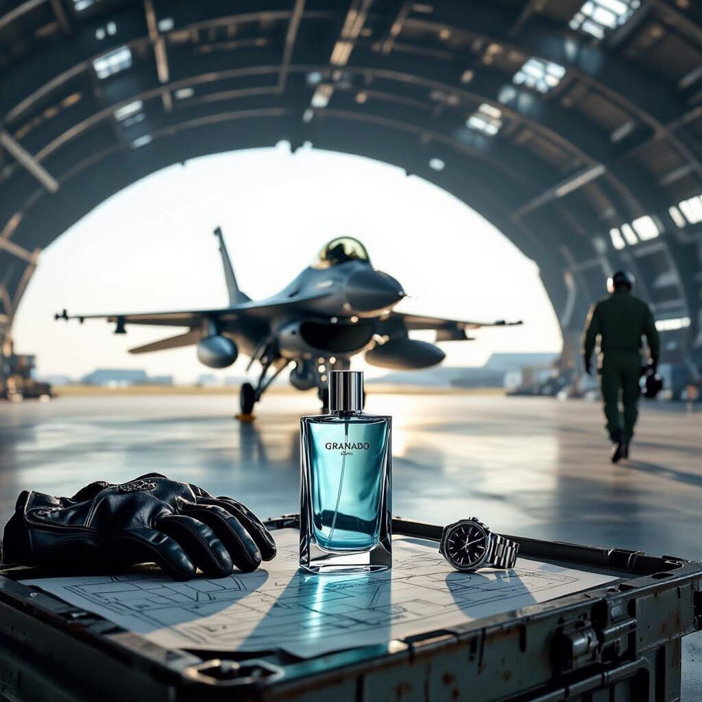 Cologne Bottle in Military Hangar, Photorealistic Style