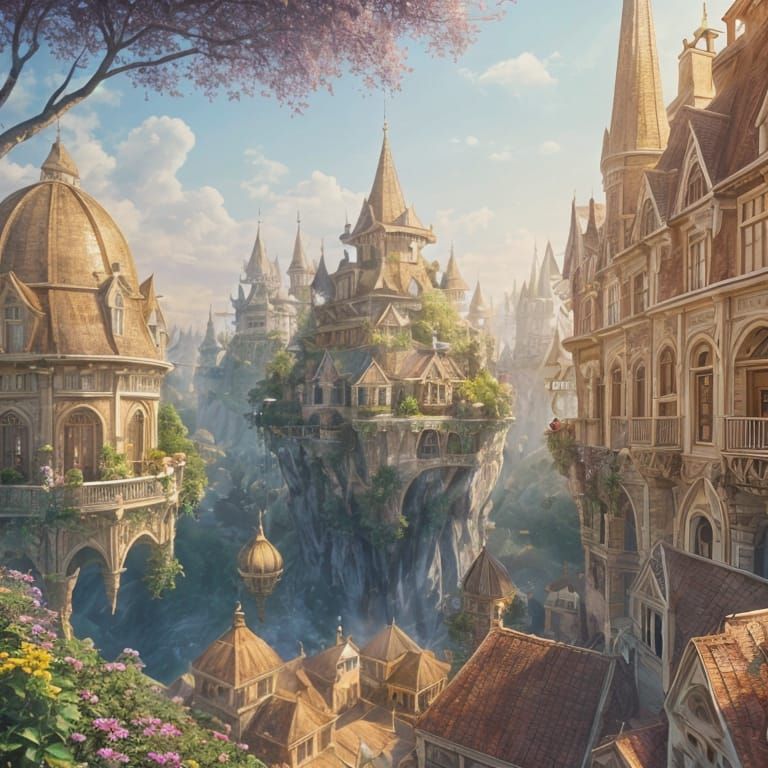 Whimsical Elevation — Sunlight dances across dreamlike tiers of floating gardens and cascading rooftops, radiating joy. ...