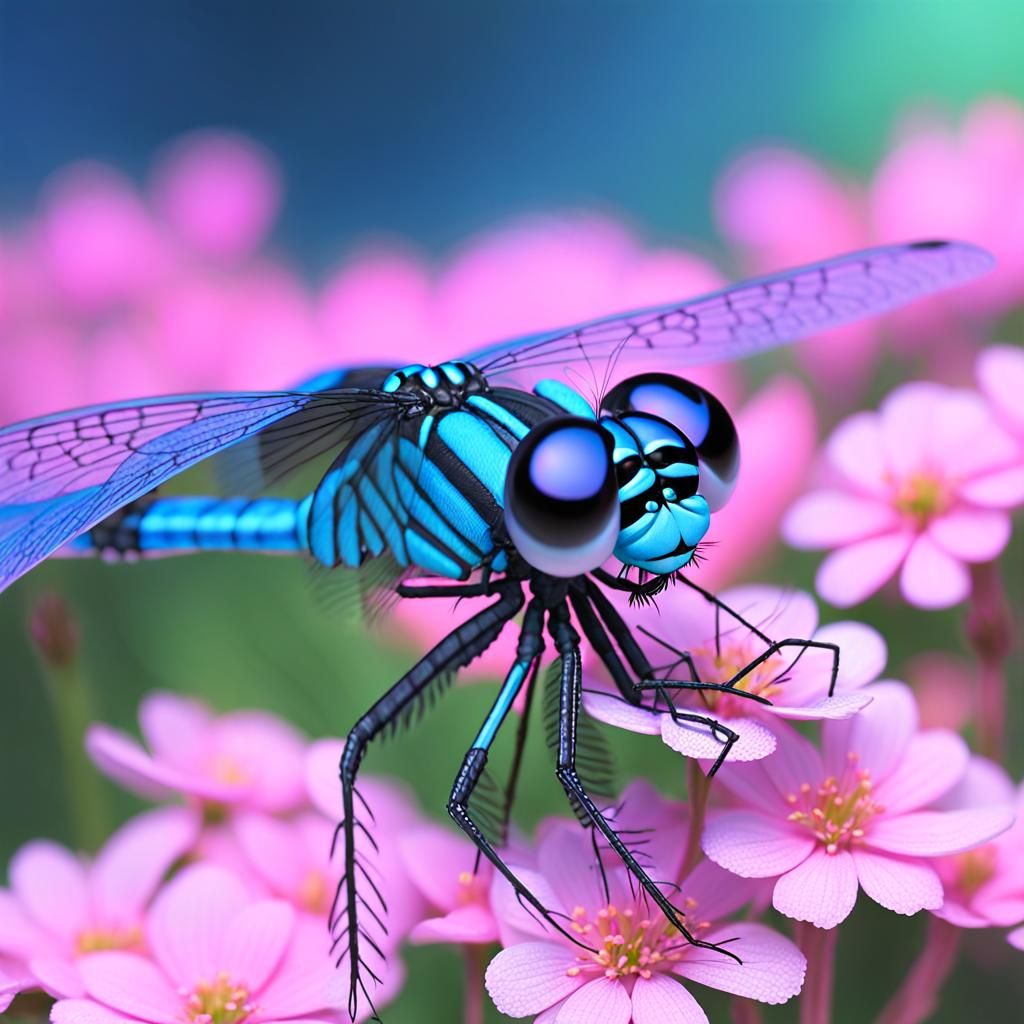 Blue Damselfly on Pink Flowers, Pixar-Inspired Art