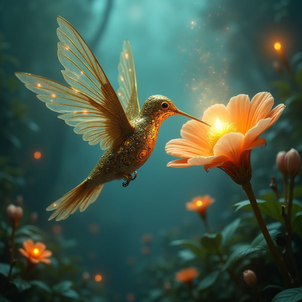 Clockwork Hummingbird in Alien Landscape, Art Nouveau