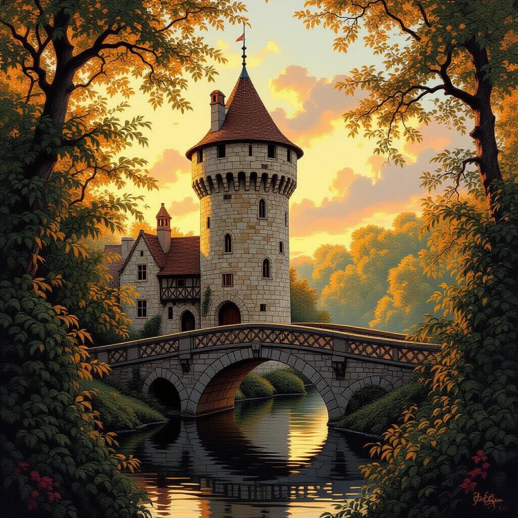 Medieval Tower and Bridge in Golden Light, Oil Painting