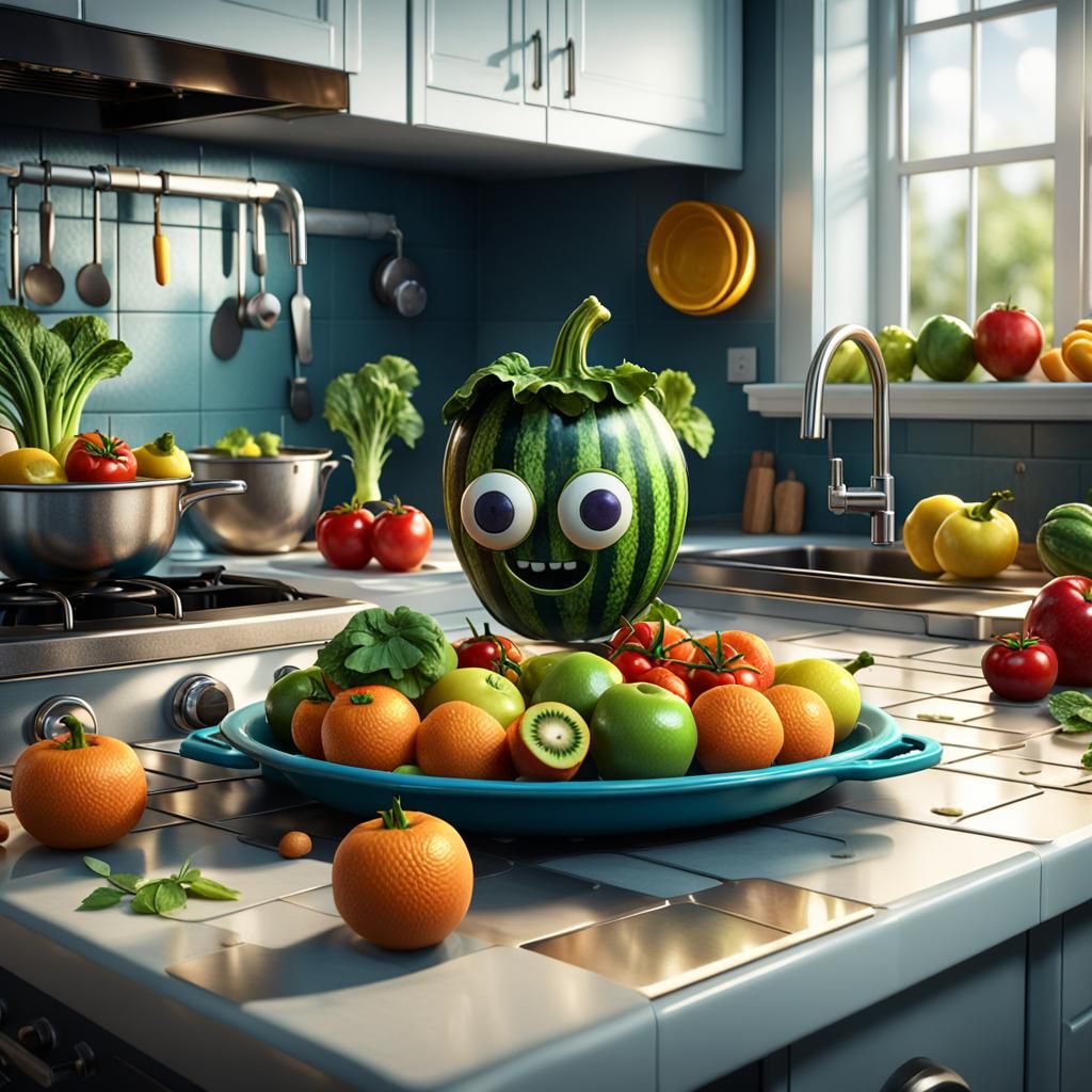 Humorous Kitchen Scene with Googly Eyes in 3D