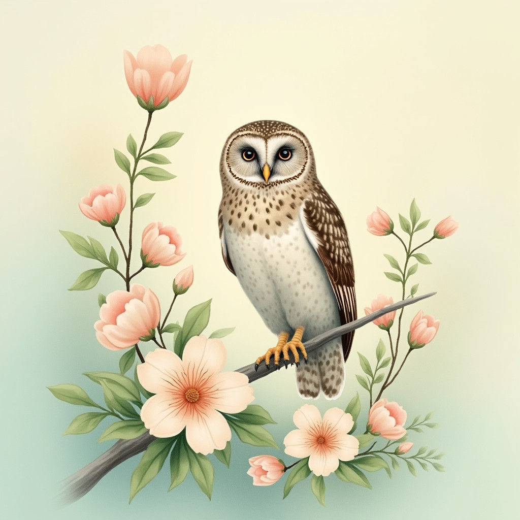 Botanical Owl Illustration in Watercolor Style