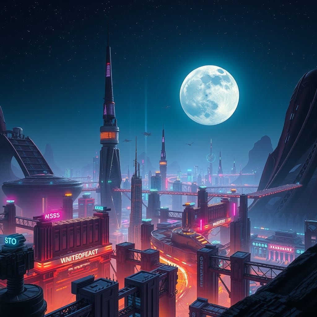 Alien Metropolis at Night with Neon Lights