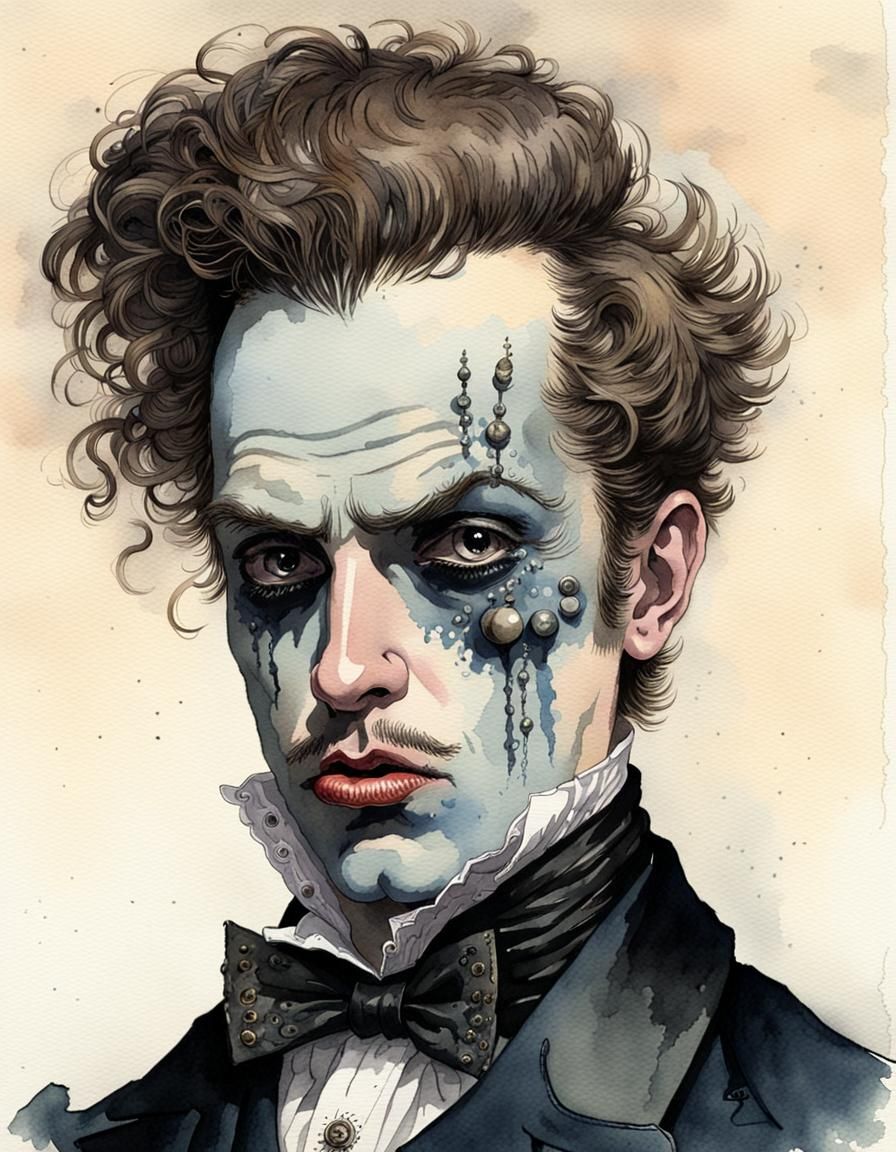 Watercolor Retro Victorian Punk Gentleman with Pierced Lip