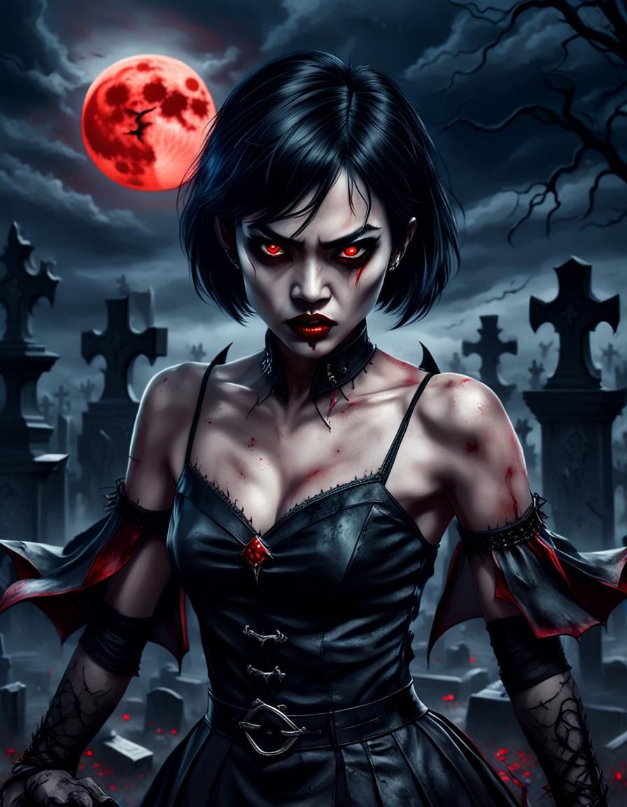 Vampire Woman in Gothic Cemetery, Cinematic Portrait