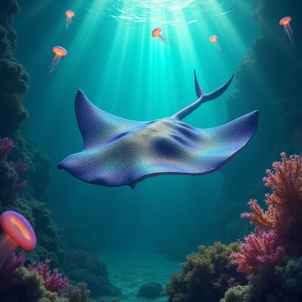 Stingray Gliding Through Turquoise Ocean in Surreal Style