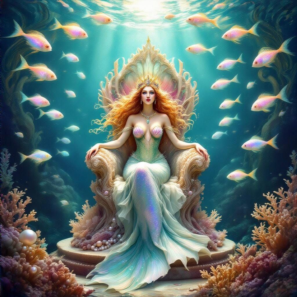 Merfolk Queen on Coral Throne: Art Nouveau Fantasy