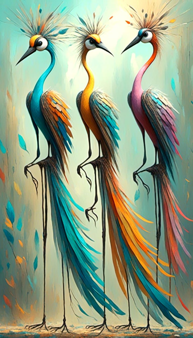 <lora:White Fantasy:1.0>stylized birds with elongated bodies...