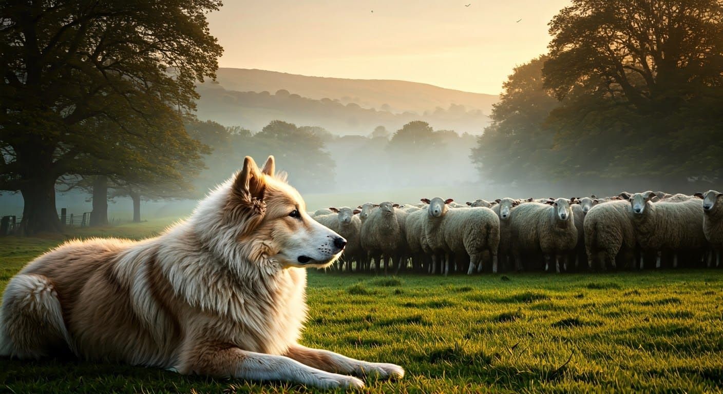 Sheepdog Watches Over Flock in Misty Countryside