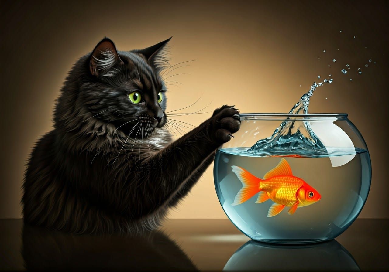 Sleek Black Cat Chases Vibrant Orange Goldfish in Dutch Mast...