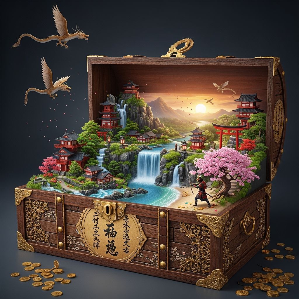 Miniature Japanese Fantasy Landscape in Treasure Chest