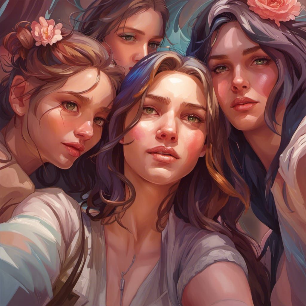 Detailed Portrait of Girl Taking Selfie With Friends