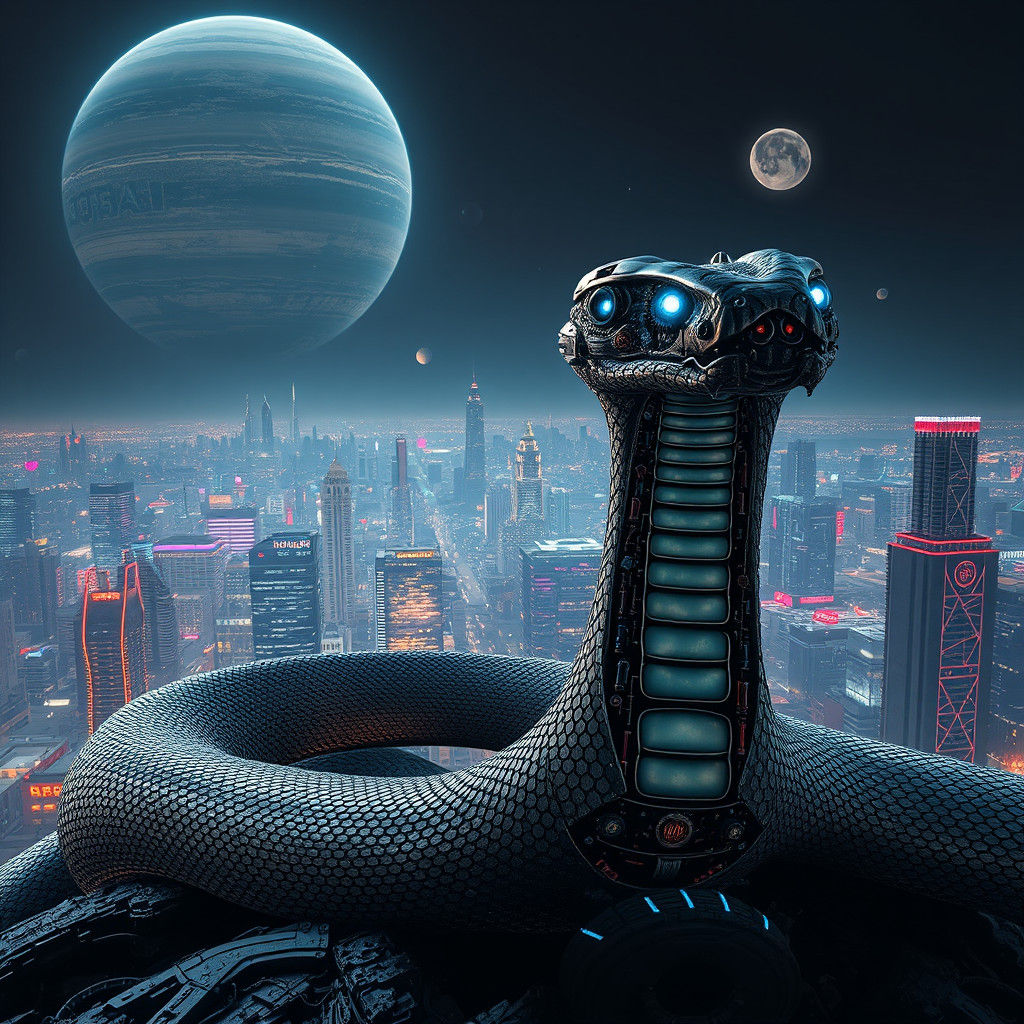 Mechanical Snake King in Futuristic Cityscape