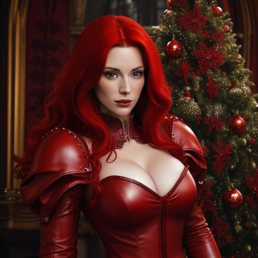 Young Woman in Red Leather Gown, Hyperrealistic Rendering