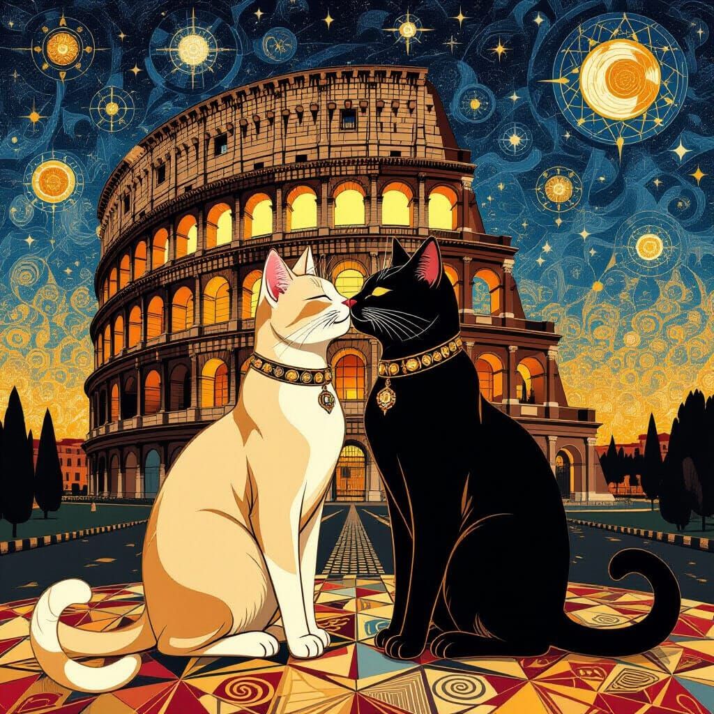 Cats Kissing Under Colosseum in Klimt Style
