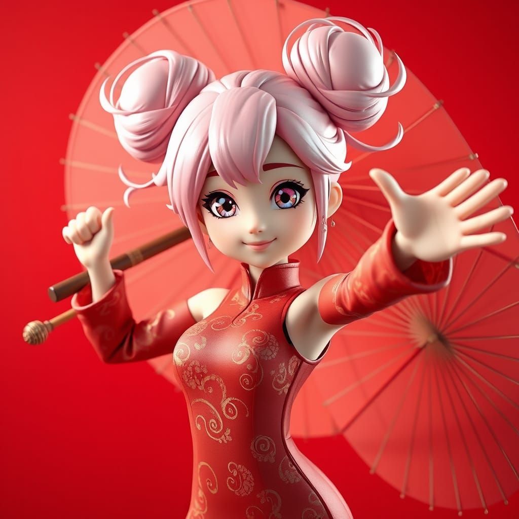 Elegant Anime Character with Pastel Pink Hair and Vibrant Re...