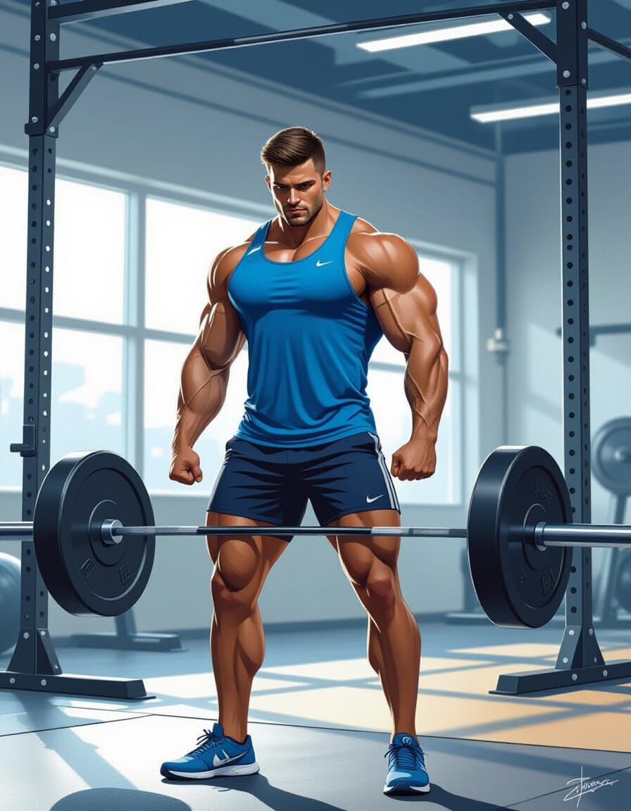 Muscle Man Lifting Weights in Blue Gym Attire