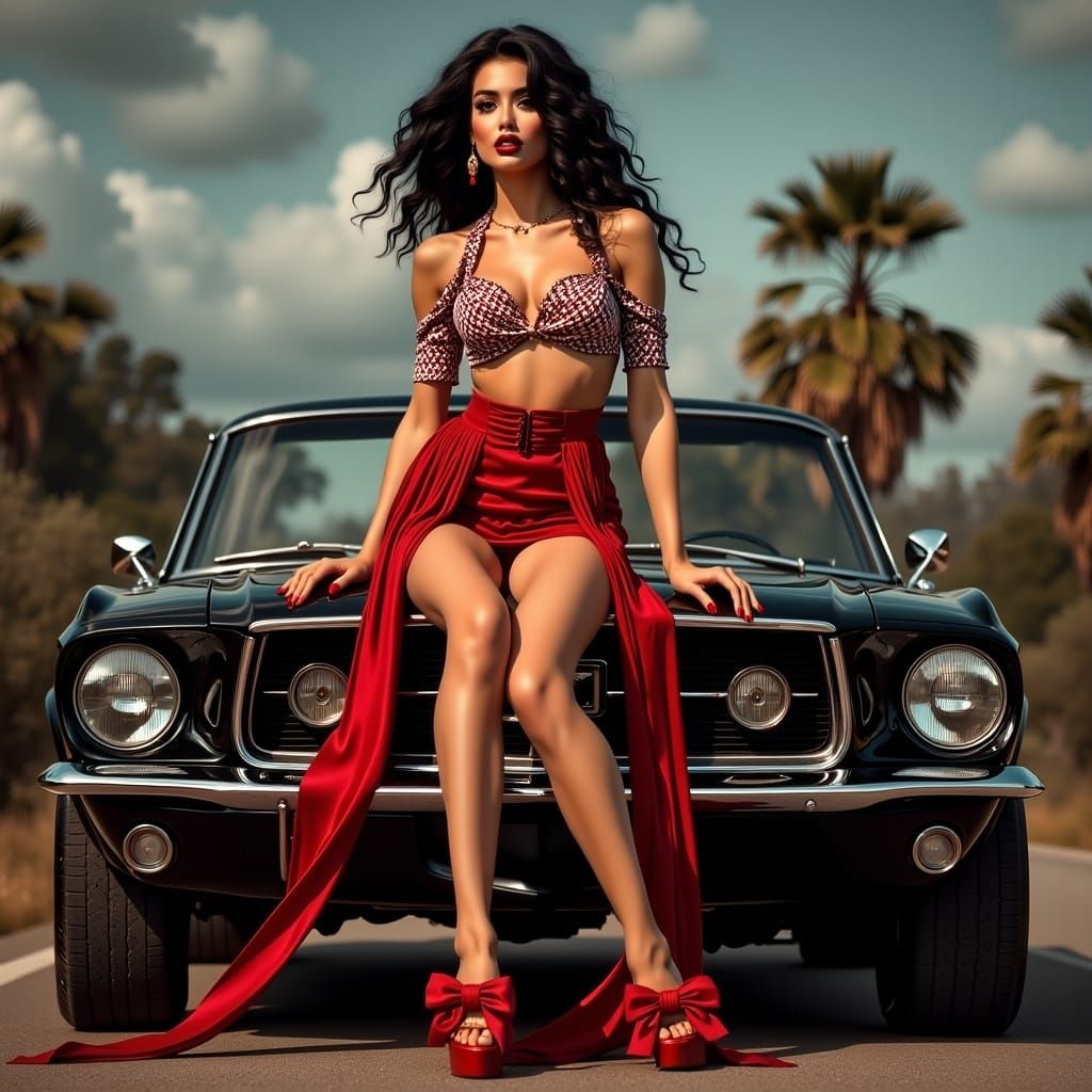 Pin-Up Girl on '67 Mustang, Vivid Colors
