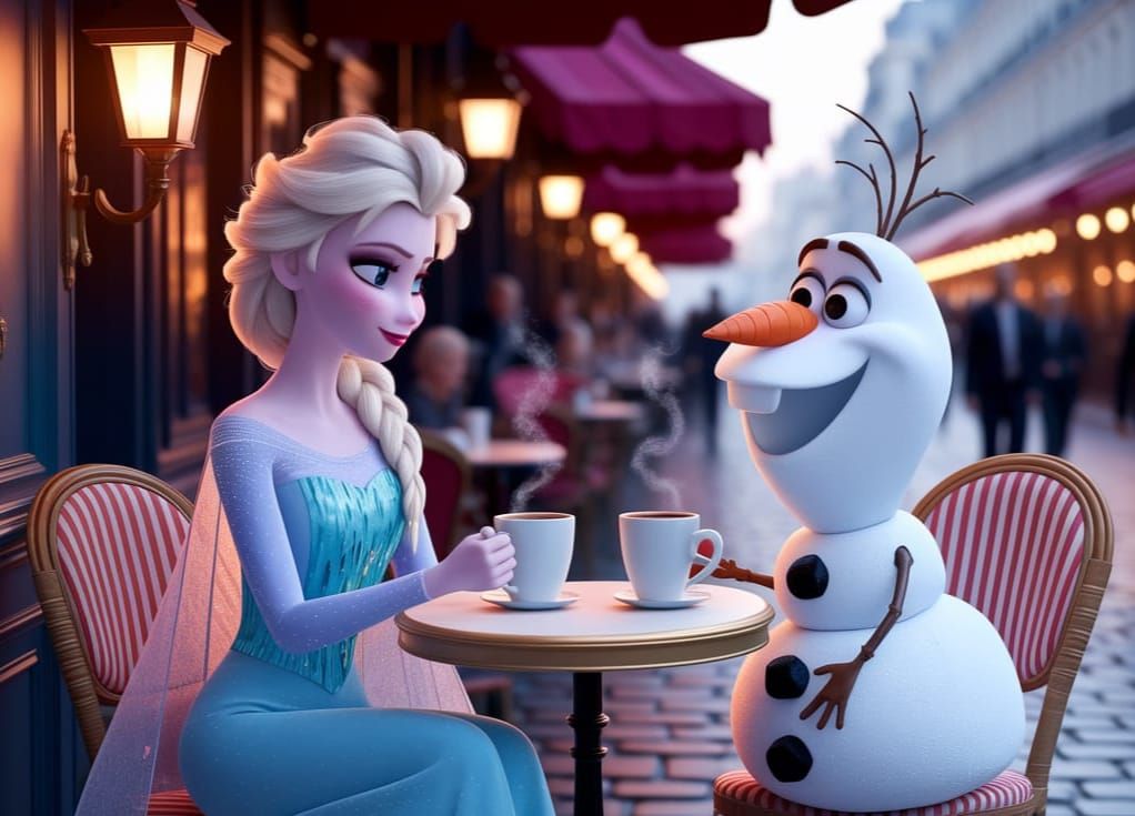 Elsa and Olaf Enjoy Cozy Parisian Café Scene