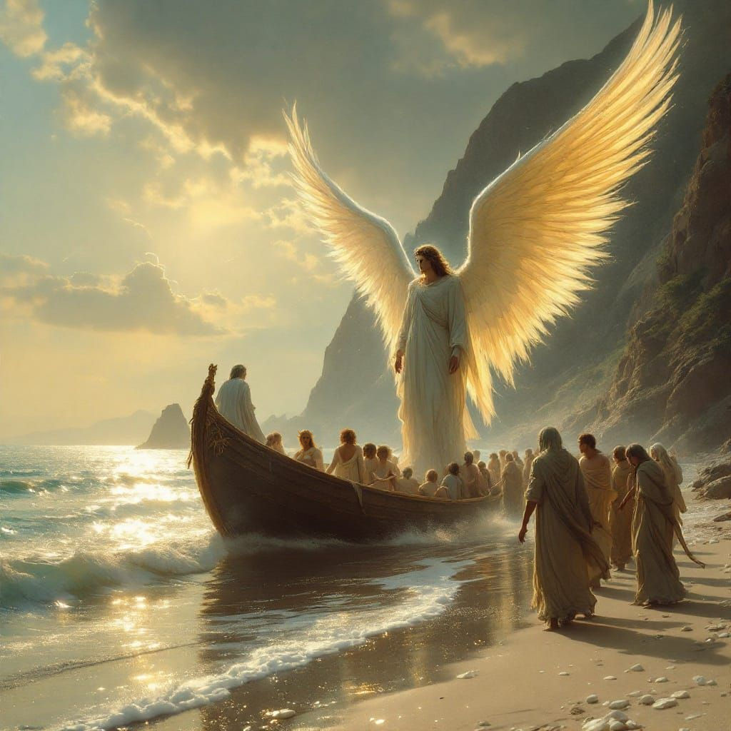 Angel Guided Souls Arrive at Dawn Beach in Golden Light