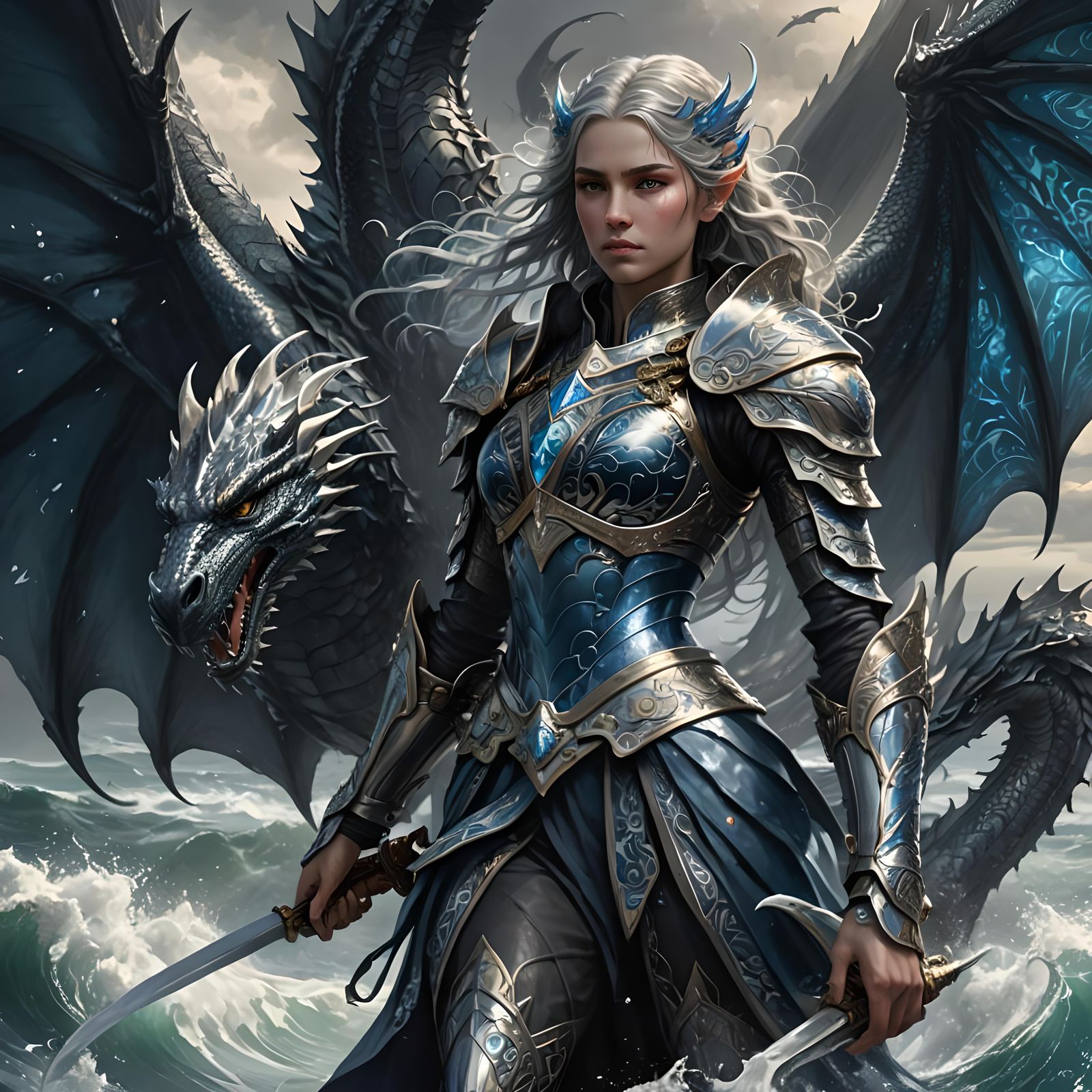Valyrian Lady on Dragon Above Stormy Sea
