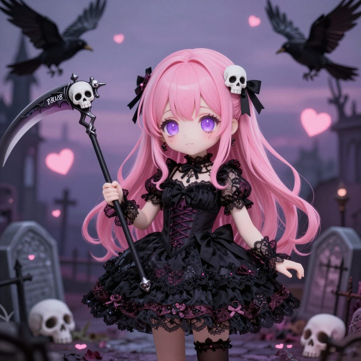 Cute Chibi Reaper Girl in Gothic Graveyard