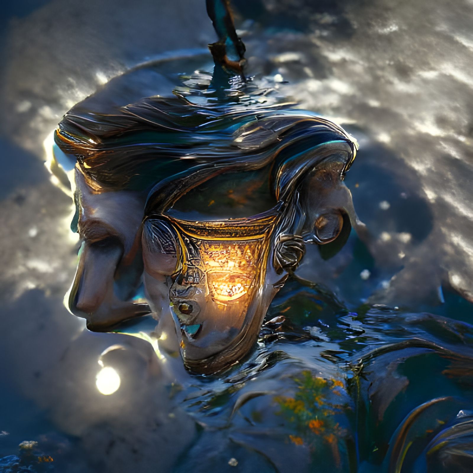Moonlit Medieval Fountain Portrait in Detailed Style