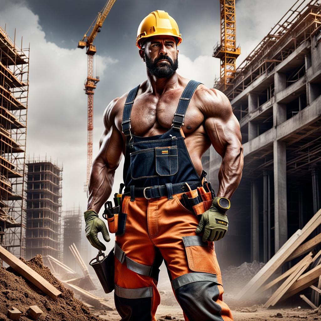 Muscular Construction Worker on Site: Photorealistic Image