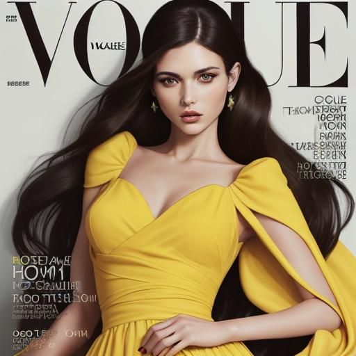 Magazine like Vogue magazine cover. Magazine Title "ROGUE". With brunette haired woman in a very fashionable yellow dres...
