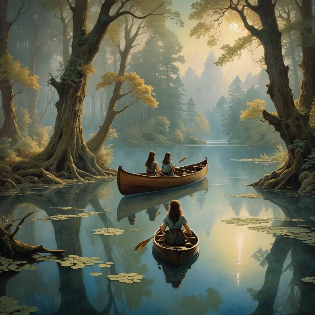 Girl Scouts Canoeing: Ethereal Fantasy Painting