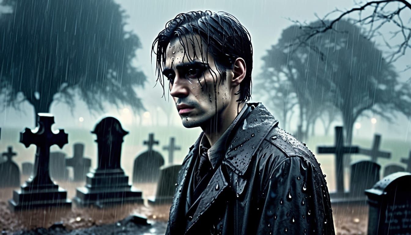 Gothic Realism: Man's Grief in Rainy Graveyard