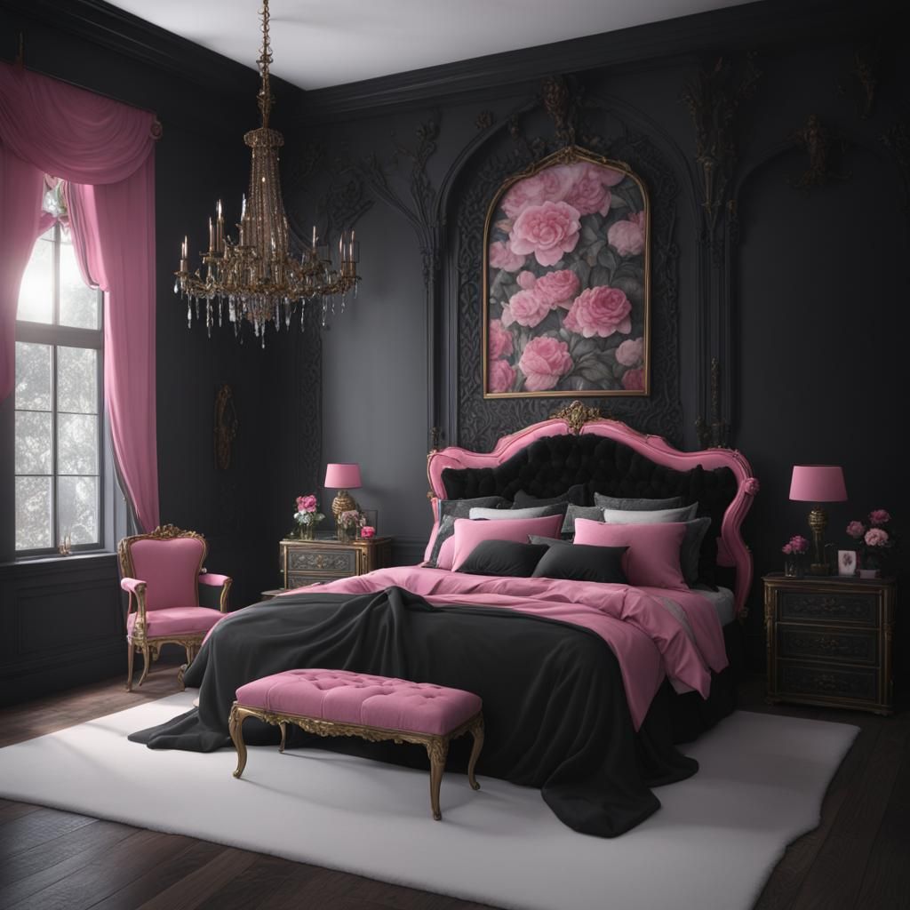 Romantic Gothic bedroom with black walls with pink accents and pink gothic bed with black accents and pink roses& realis...