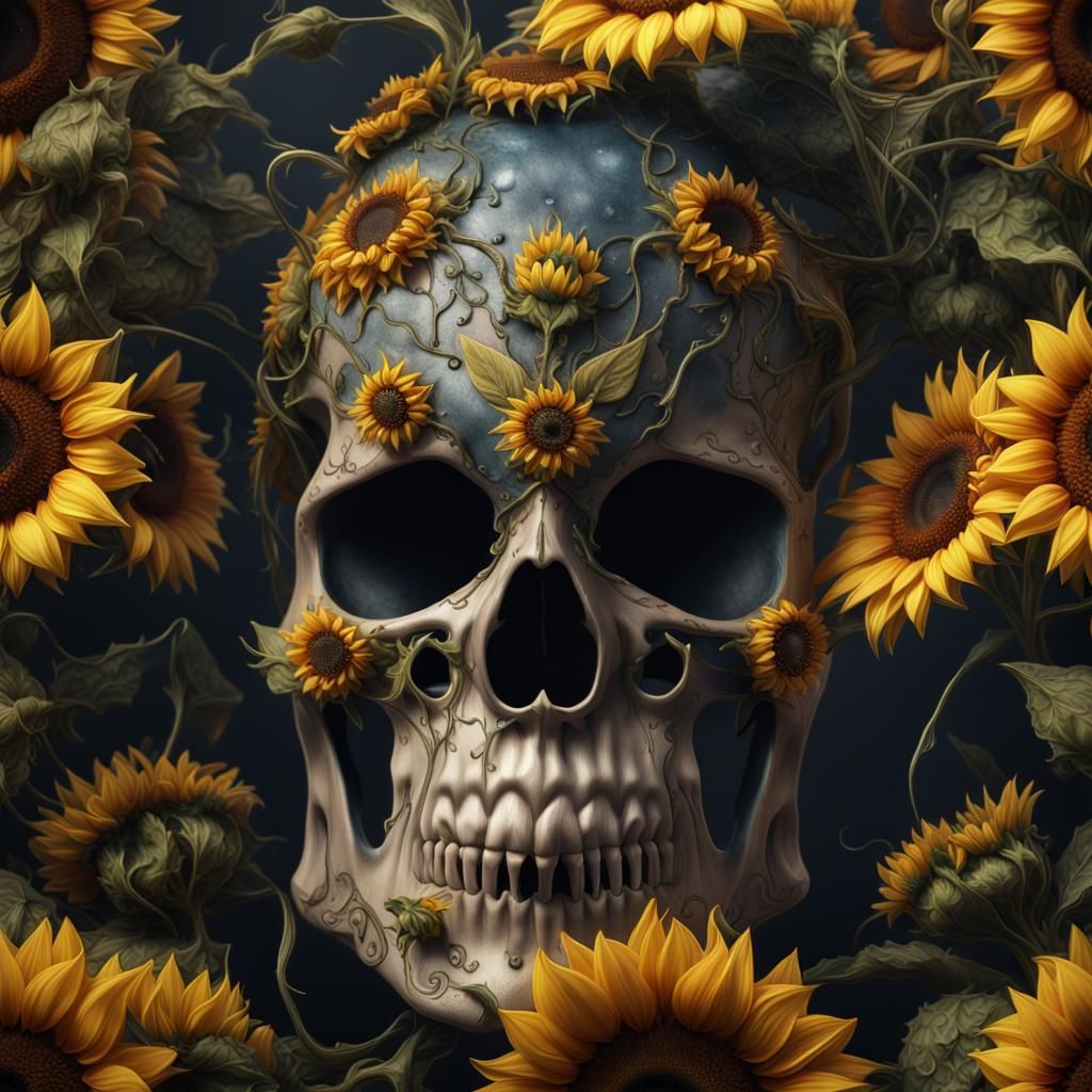 Detailed Sunflower Skull Matte Painting