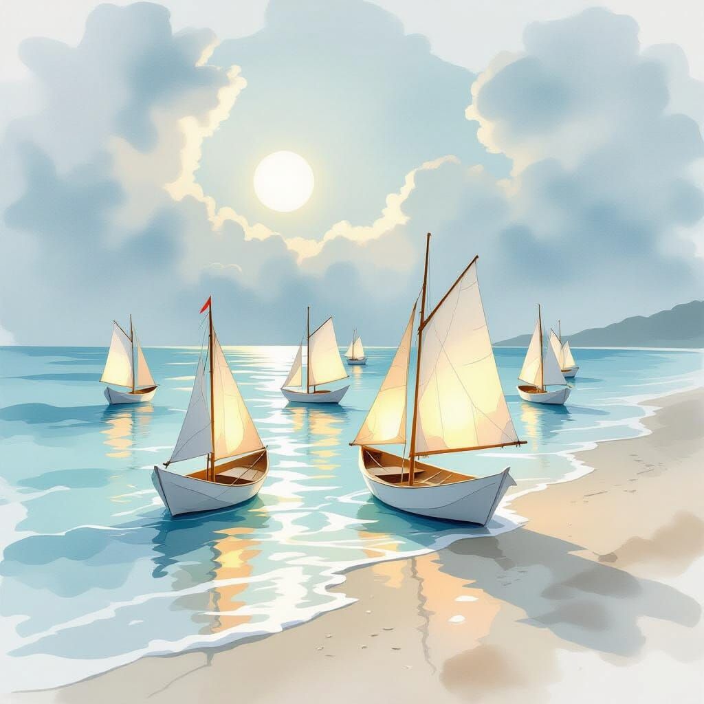 Ethereal Watercolor Paper Boats on a Dreamlike Ocean Beach