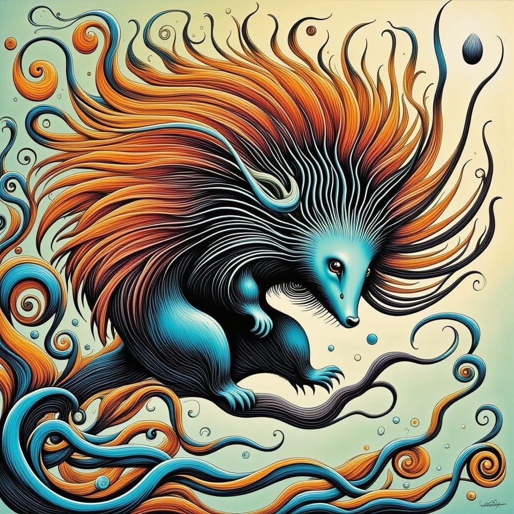 Whimsical Porcupine in Charcoal Psychedelic Style
