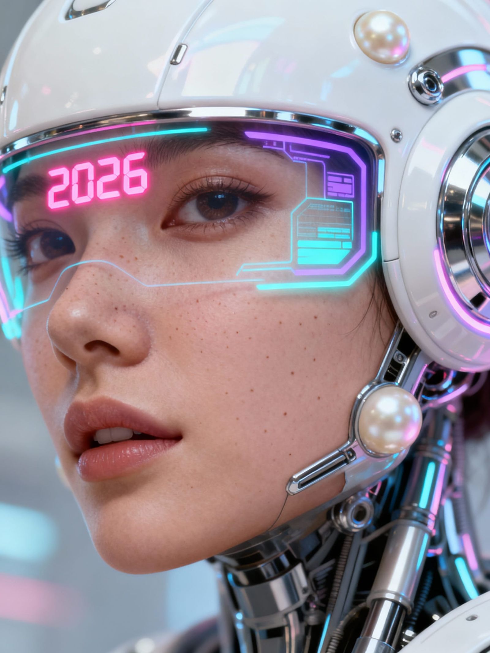 Pastel Cyberpunk Cyborg With Neon Pink '2026' Visor