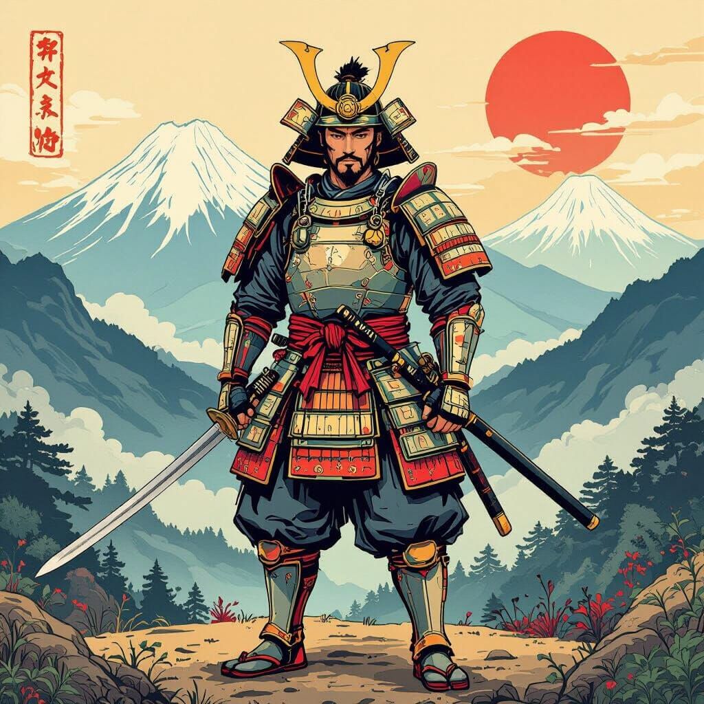 Feudal Japan Warrior King in Japanese Art Style