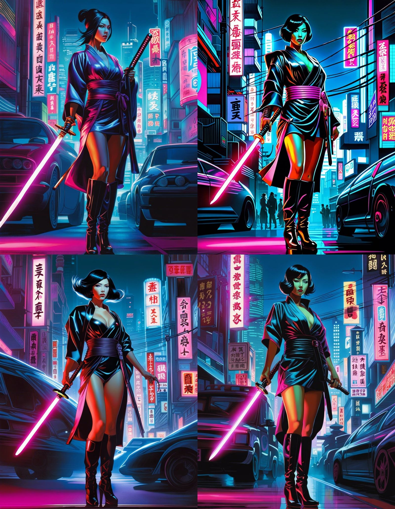 Goddess with Samurai Sword in Tokyo, Alphonse Mucha Style