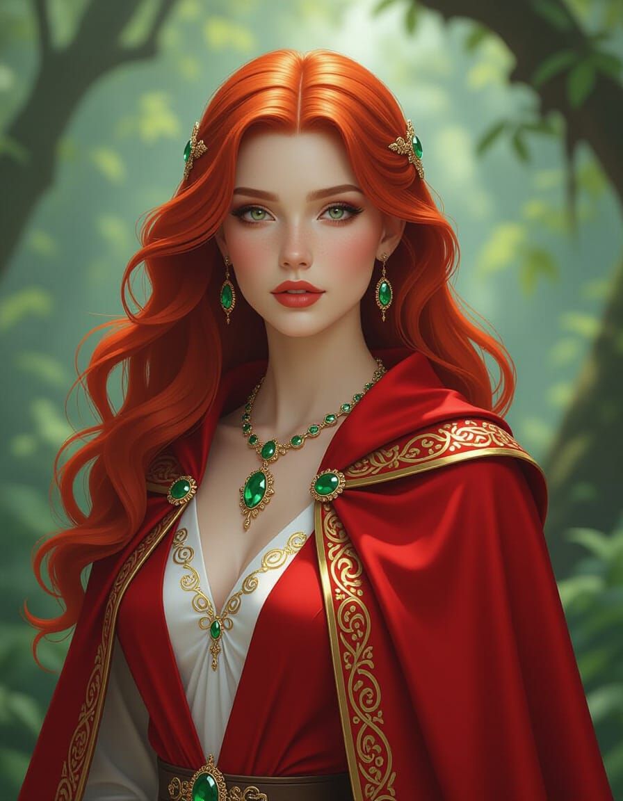 Fantasy Nymph in Forest with Red Cape