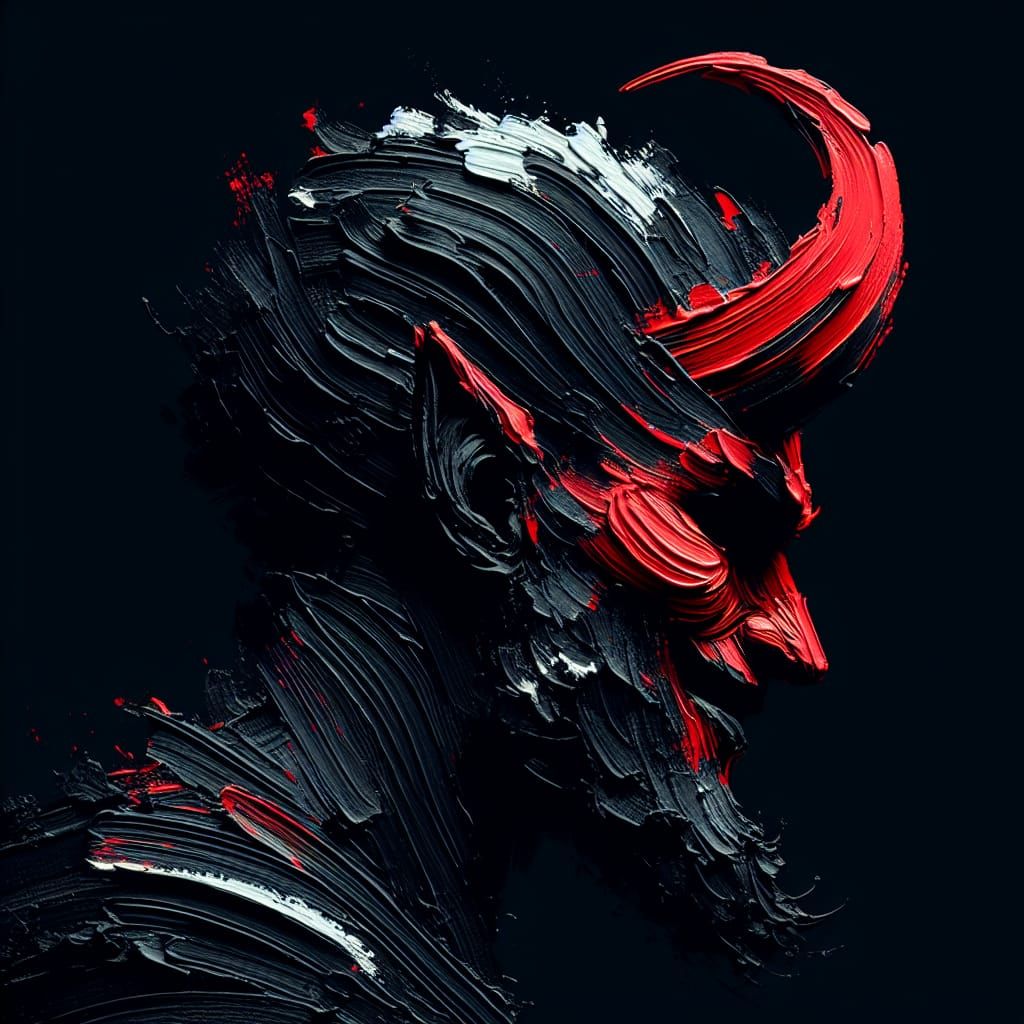 Impasto Painting of a Sinister Red and Black Devil