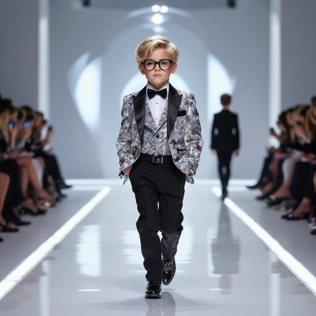 Blonde Boy Struts Runway in Designer Fashion